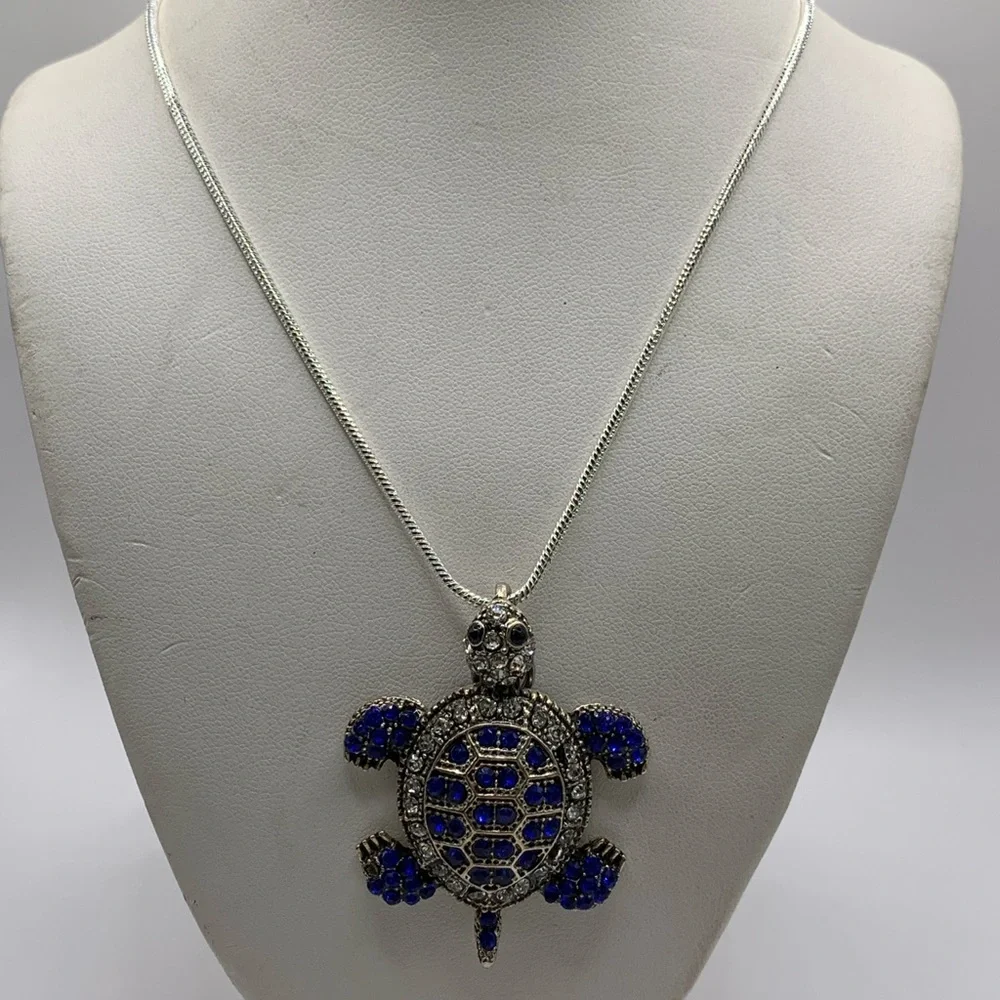 Silver and Blue Rhinestone Turtle Pendant Necklace